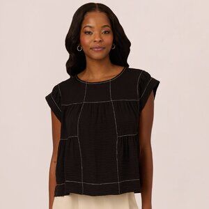 NWT Adrianna Papel Extended Shoulder Contrast Stitch Yoke Top In Black Ivory